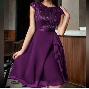 Luxe Purple Ruffle Chaffon Sequin Formal Dress 8 NWT